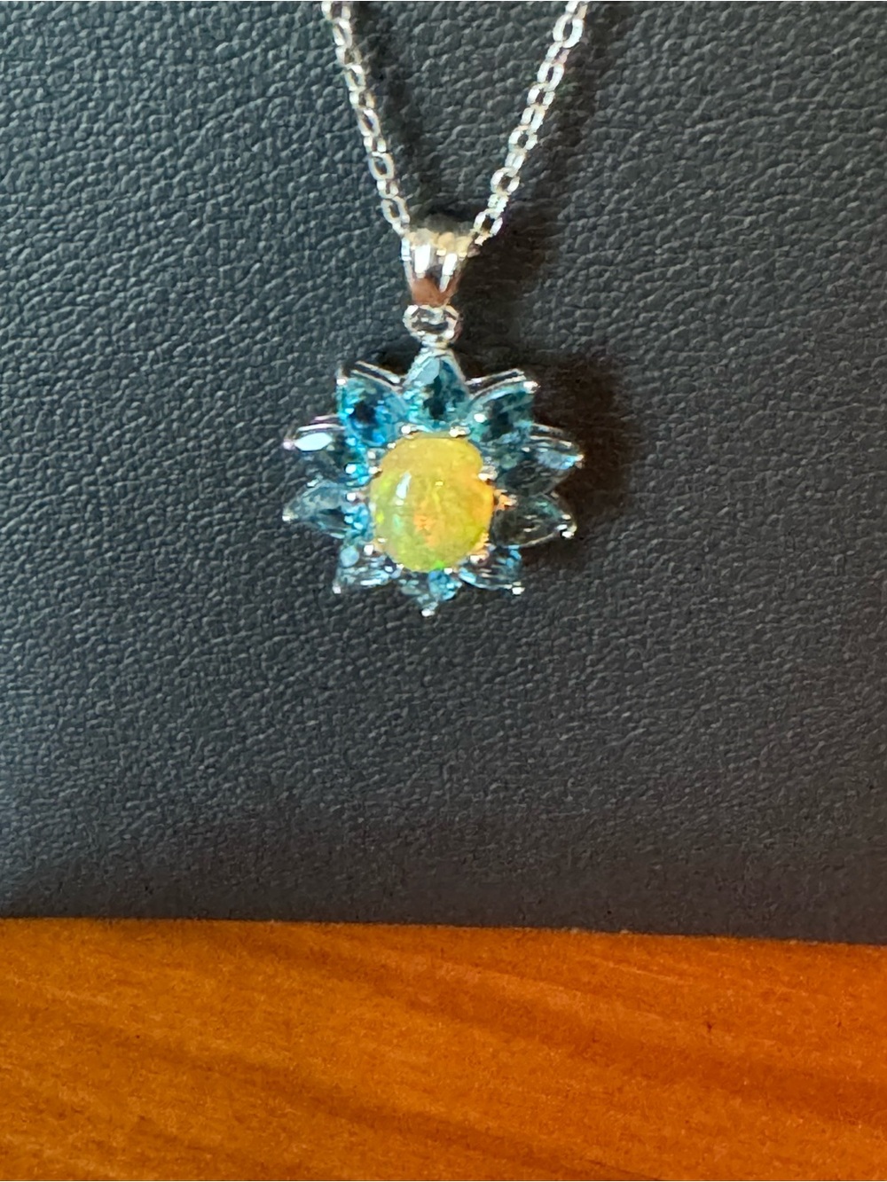 Opal Center London Blue Topaz Sunburst Pendant Necklace